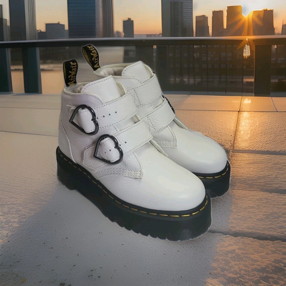 Dr Martens Devon Heart Leather Platform Buckle Boots Women's US 8 White NEW